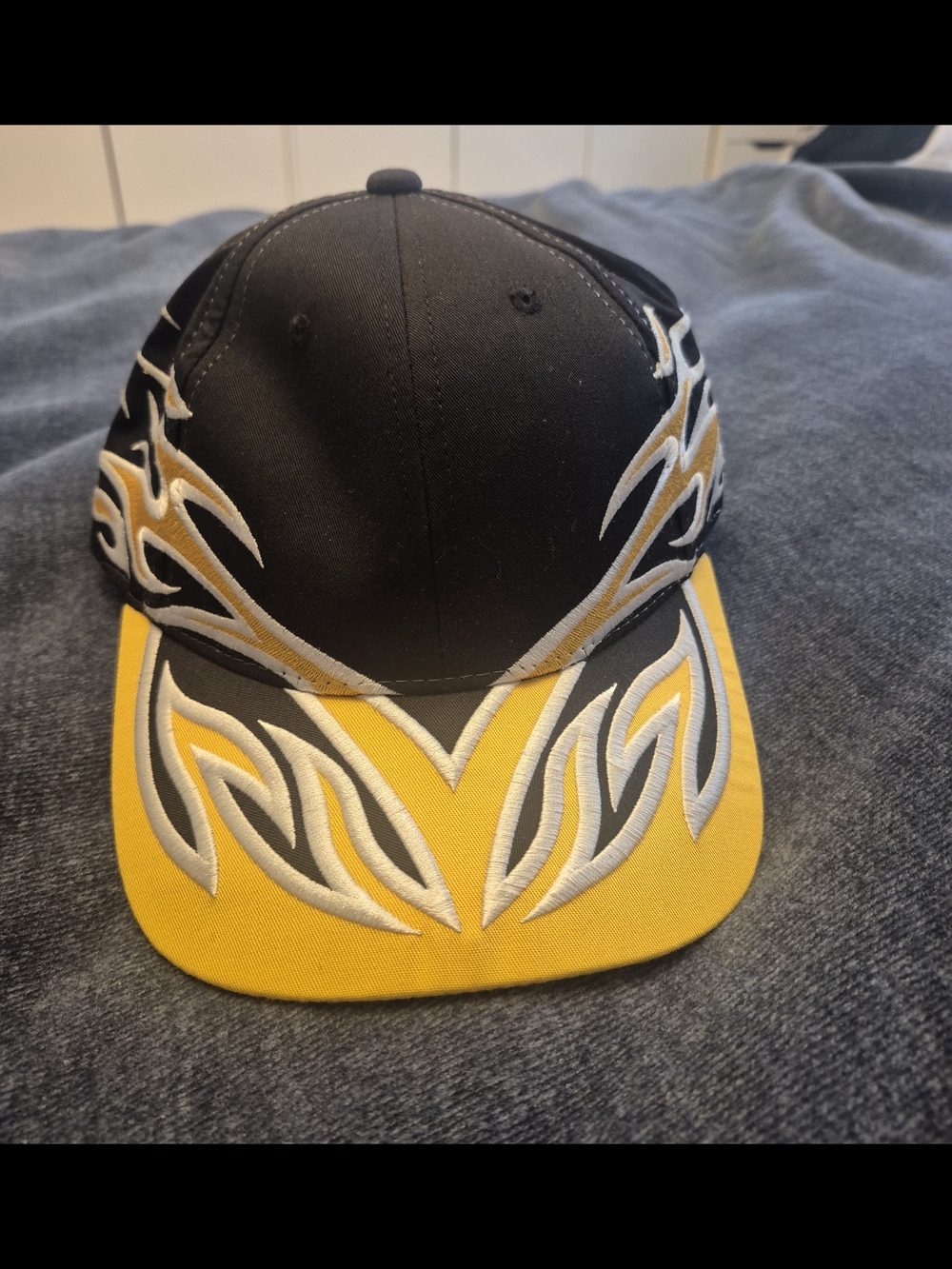 Y2K Black and Yellow Flame Embroidered Baseball Cap - NEW